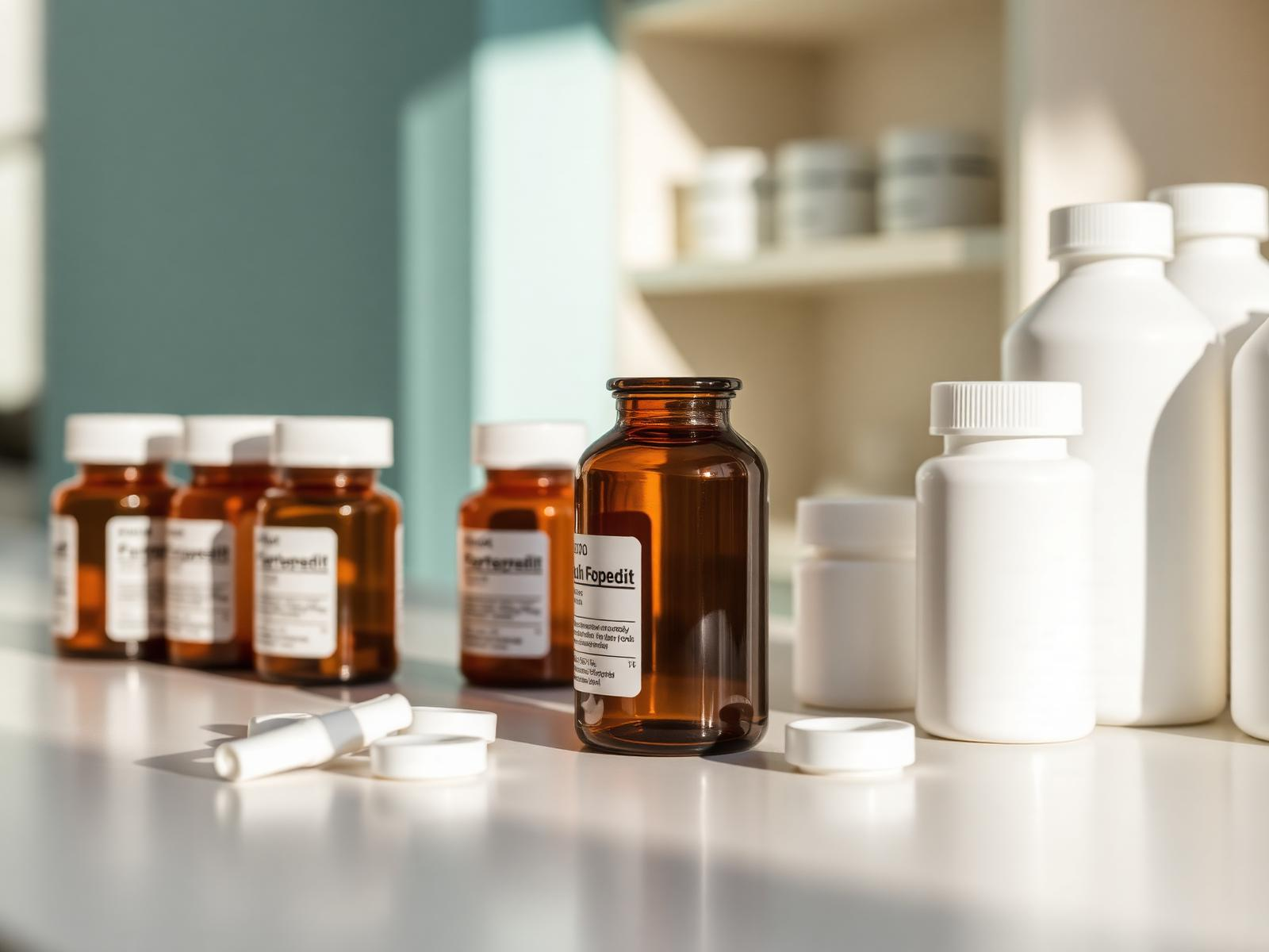 Amber pharmacy bottles arranged on a clean counter