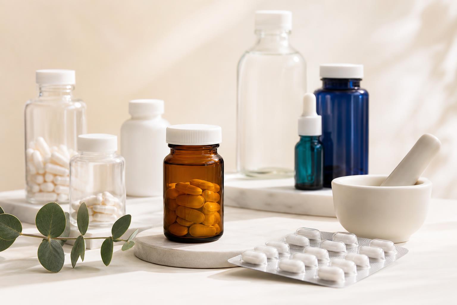 Premium pharmaceutical products and medicine bottles on a clean background